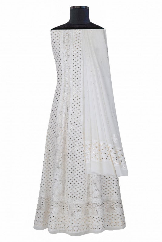 Ada Hand Embroidered White Georgette Lucknowi Chikankari Semi-stitched Anarkali Kurta Dupatta Set With Muqaish Work- A621528