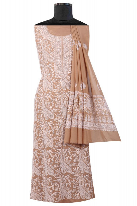 Ada Hand Embroidered Fawn Pure Georgette Lucknowi Chikan Unstitched Suit Piece A360354