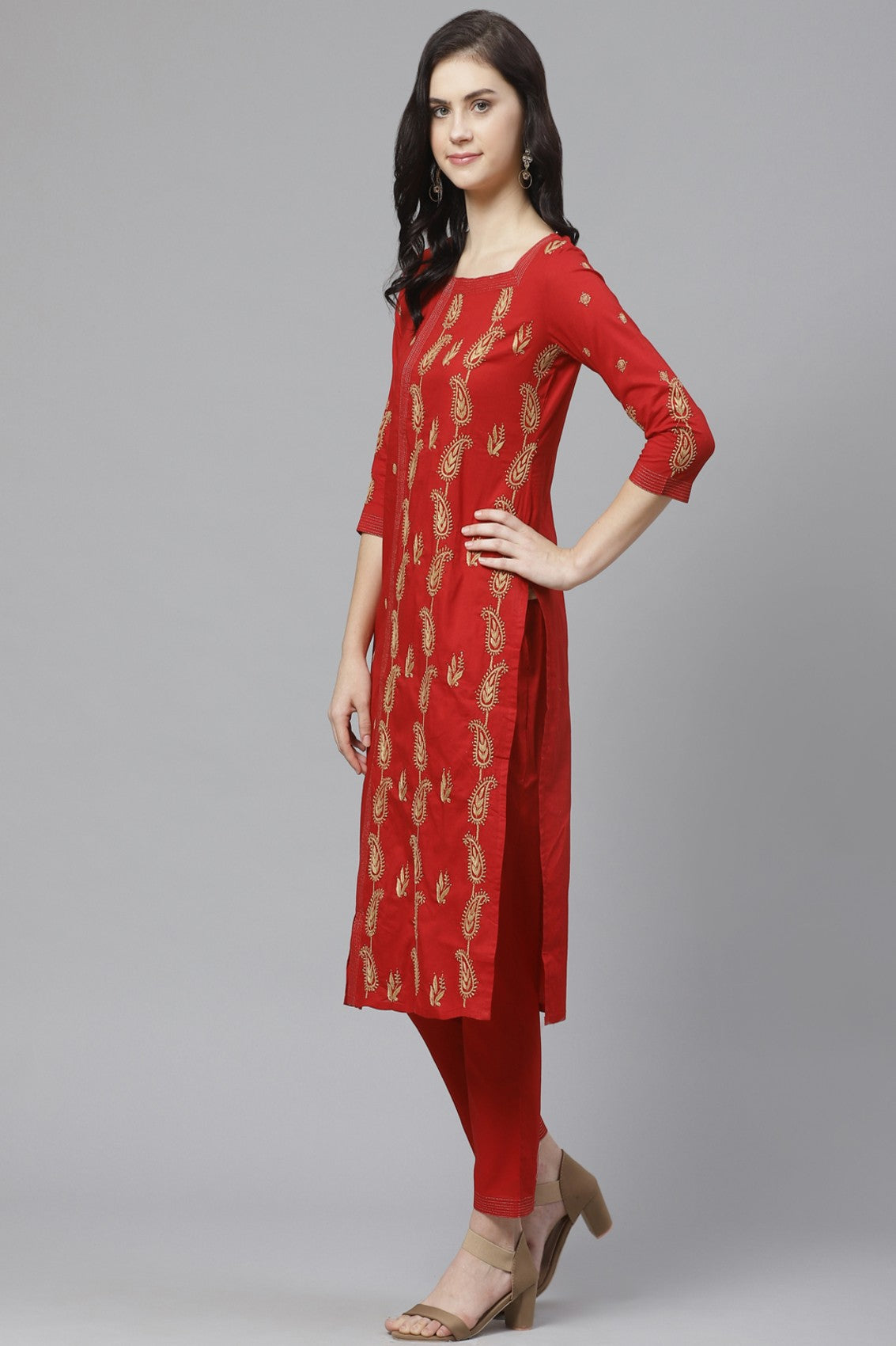 Ada Hand Embroidered Red Cotton Lucknowi Chikankari Kurta/Trouser Set with Muqaish Work A100327