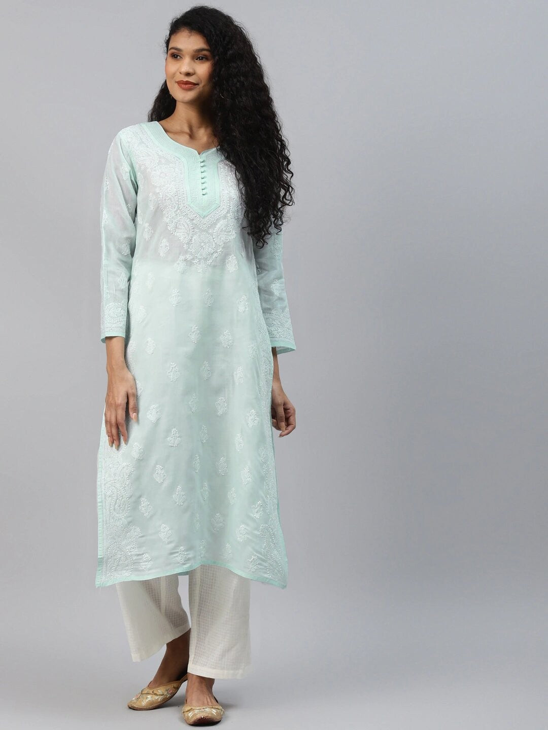 Ada Hand Embroidered Sea Green Cotton Lucknowi Chikankari Straight Kurta A236281