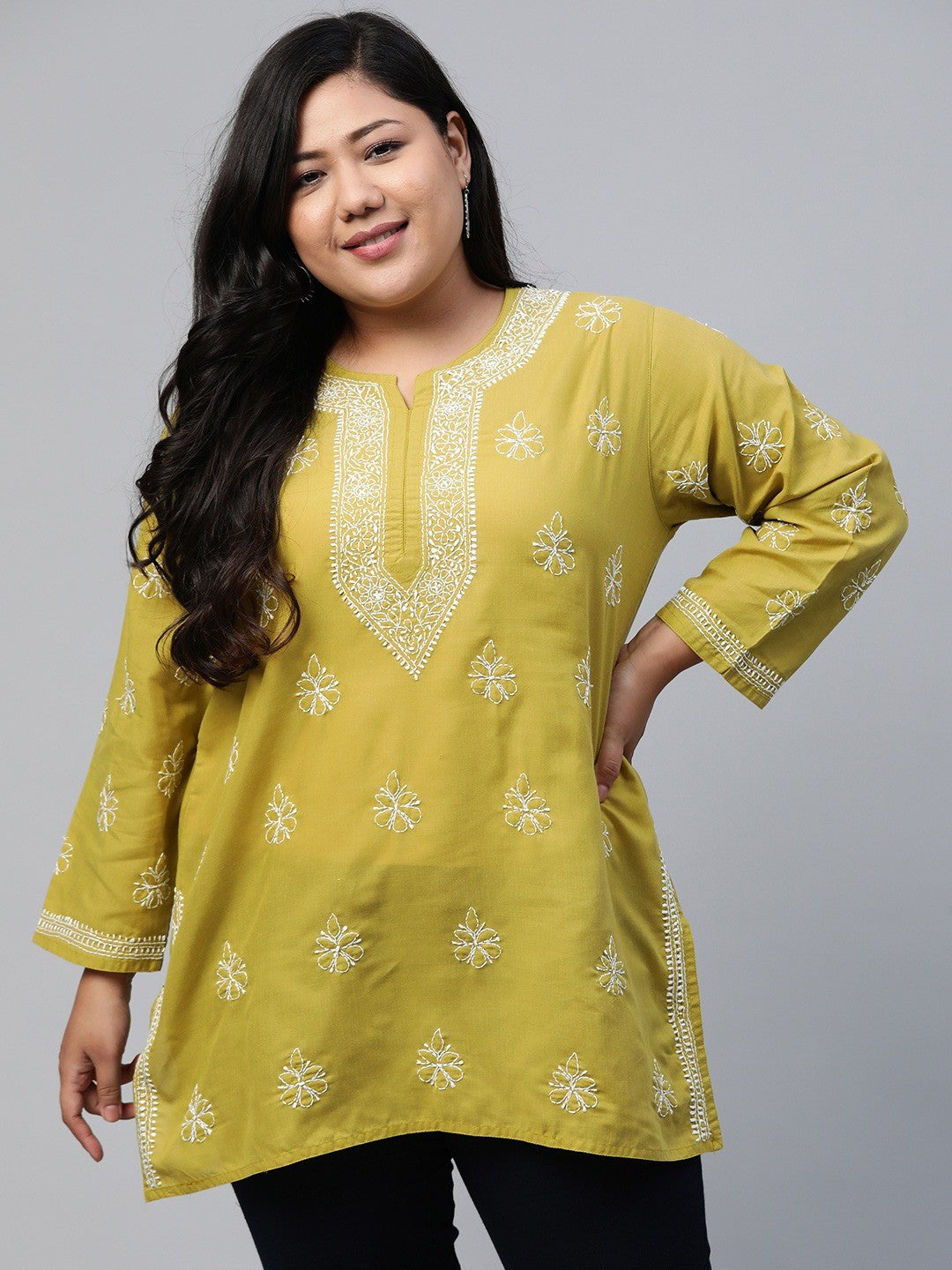 Ada Hand Embroidered Green Cotton Lucknowi Chikankari Short Kurti A210822