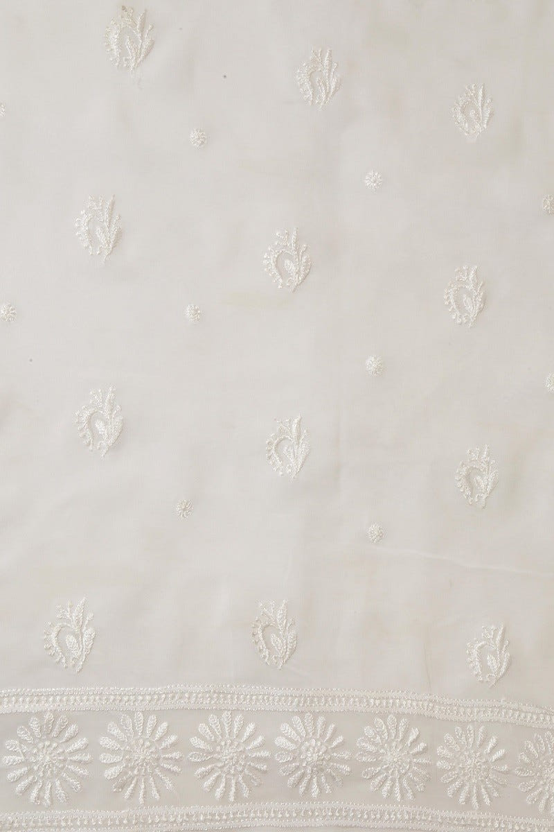 Ada Hand Embroidered White Georgette Chikan Unstitched Kurta Piece A609340