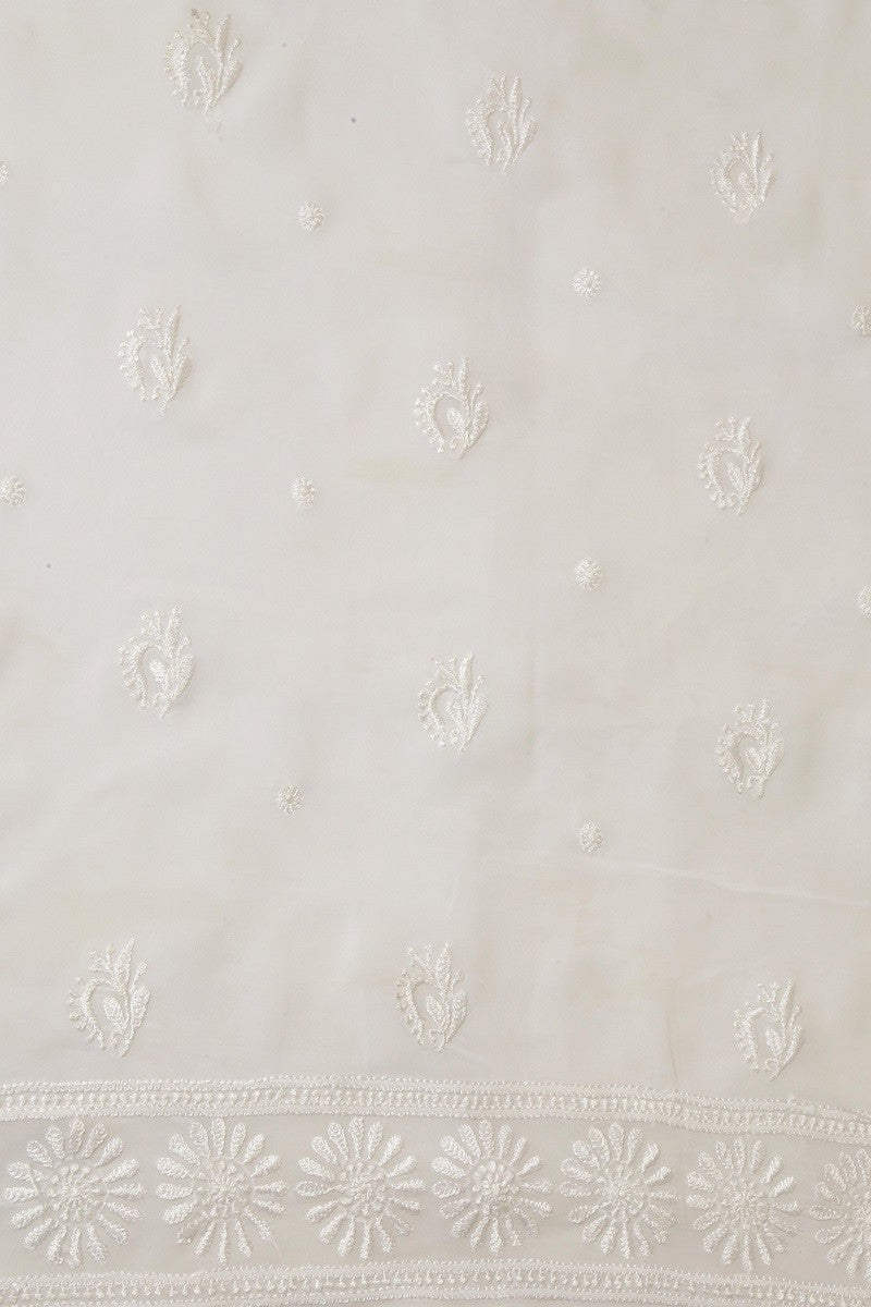 Ada Hand Embroidered White Georgette Chikan Unstitched Kurta Piece A609340