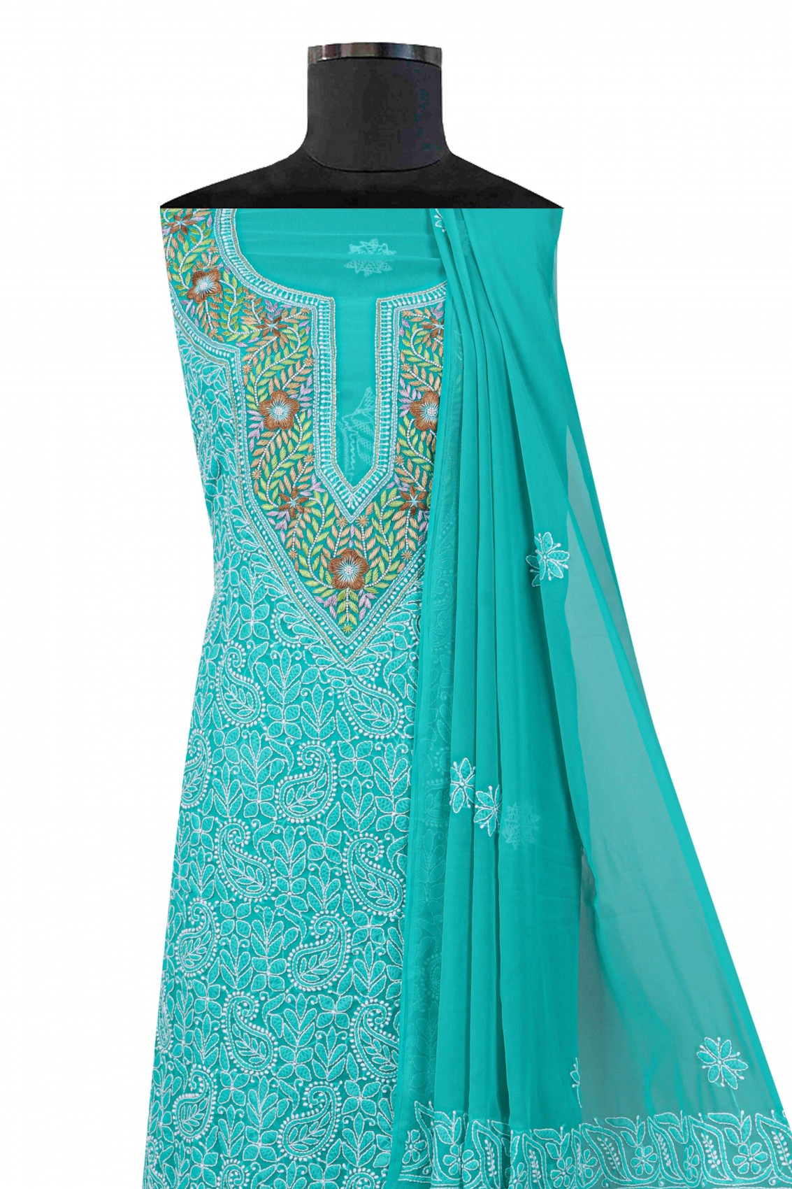 Ada Hand Embroidered Dark Green Georgette Lucknowi Chikankari Unstitched Suit Piece With Pearl Work 01A146084
