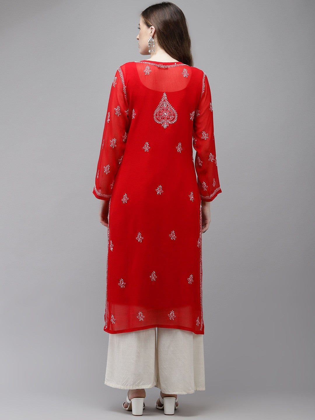 Ada Hand Embroidered Red Georgette Lucknow Chikan Kurta with Slip A411351