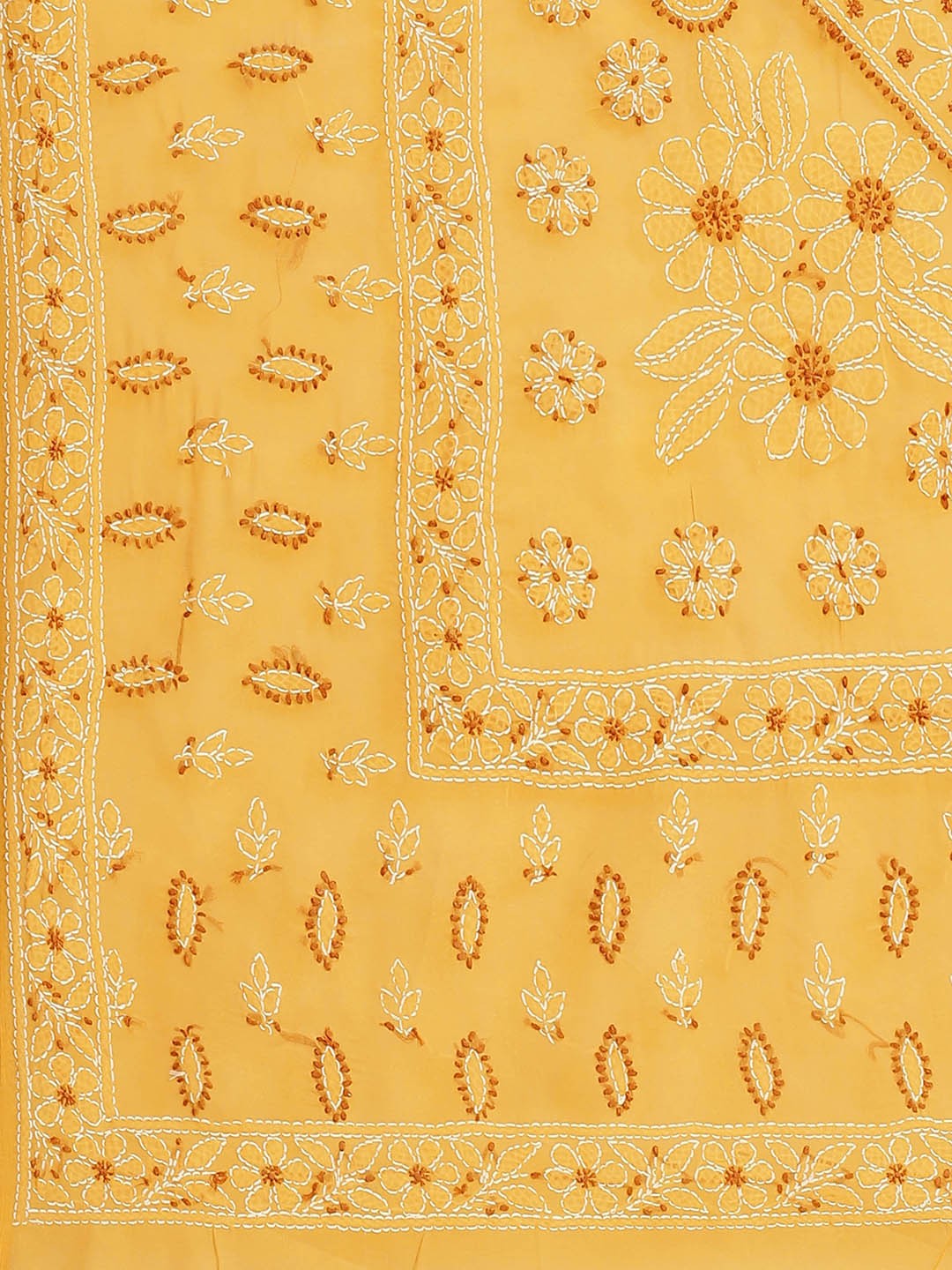 Ada Hand Embroidered Mustard Cotton Lucknow Chikan Saree With Blouse-A311217