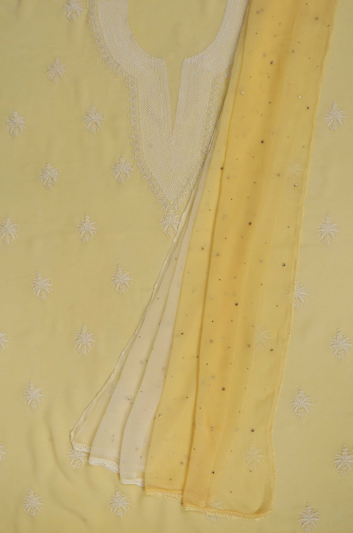 Ada Hand Embroidered Light Yellow Georgette Lucknowi Chikankari Unstitched Kurta Dupatta Set With Pearl Work A454750