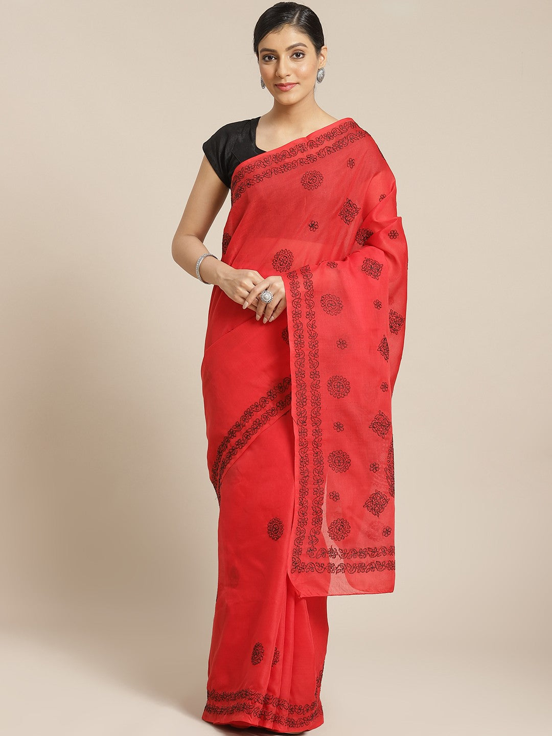 Ada Hand Embroidered Red Cotton Lucknow Chikan Saree With Blouse A311162