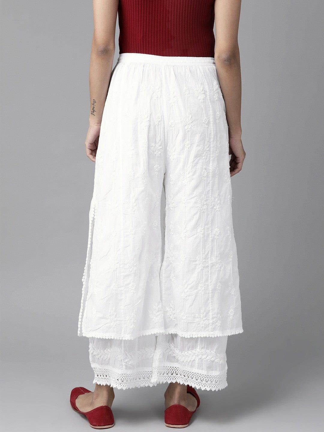 Ada Hand Embroidered White Cotton Lucknowi Chikankari Palazzo A711131