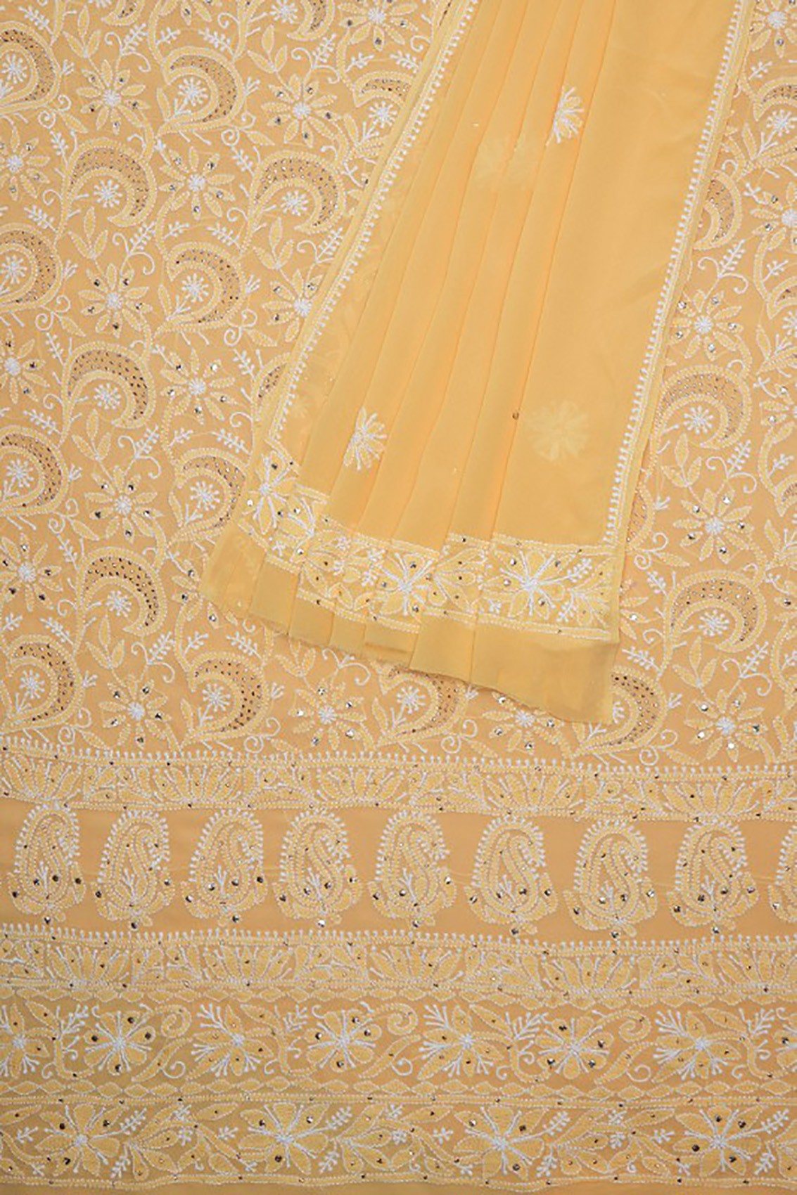 Ada Hand Embroidered Yellow Pure Georgette Lucknowi Chikankari Unstitched Kurta Dupatta Set With Muqaish Work A608024