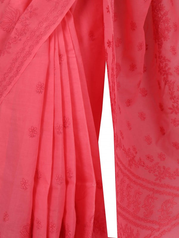 Ada Hand Embroidered Carrot Pink Cotton Lucknowi Chikankari Saree With Blouse A578187