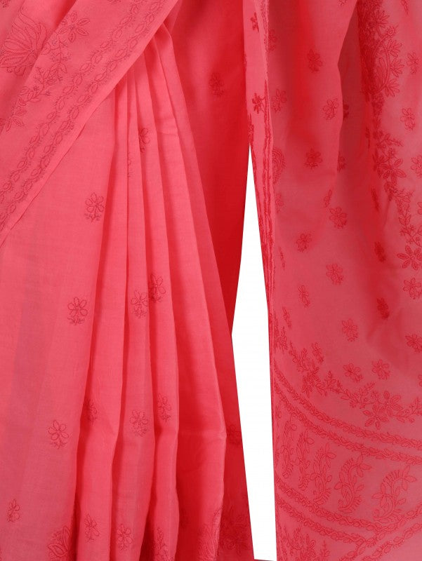 Ada Hand Embroidered Carrot Pink Cotton Lucknowi Chikankari Saree With Blouse A578187