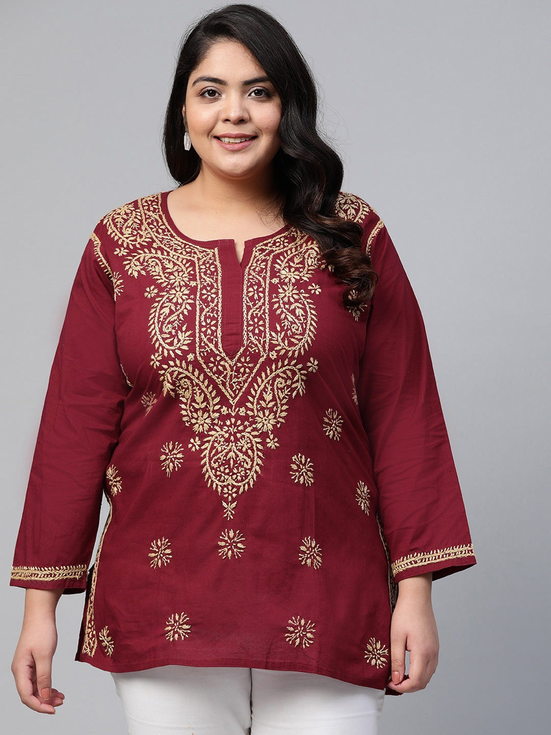Ada Hand Embroidered Maroon Cotton Lucknowi Chikan Short Kurti A250481