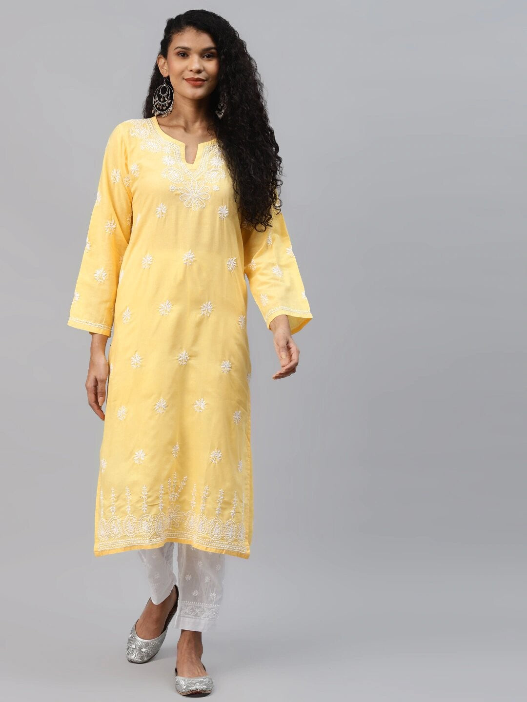 Ada Hand Embroidered Yellow Cotton Lucknowi Chikankari Straight Kurta Set A811196