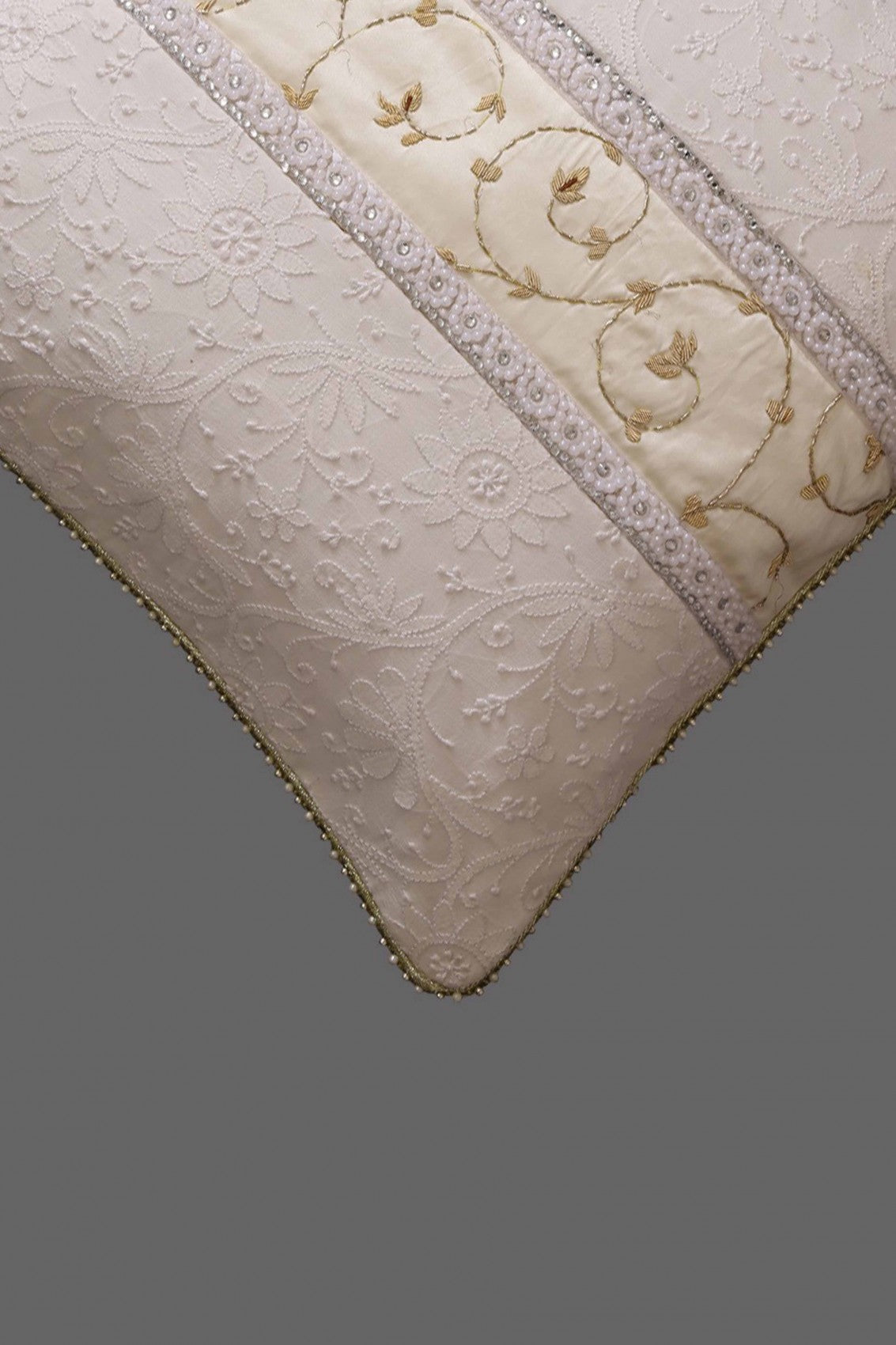 Ada Hand Embroidered White Pure Georgette Lucknow Chikankari Cushion Cover With Pearl Work Set Of 2 A340615