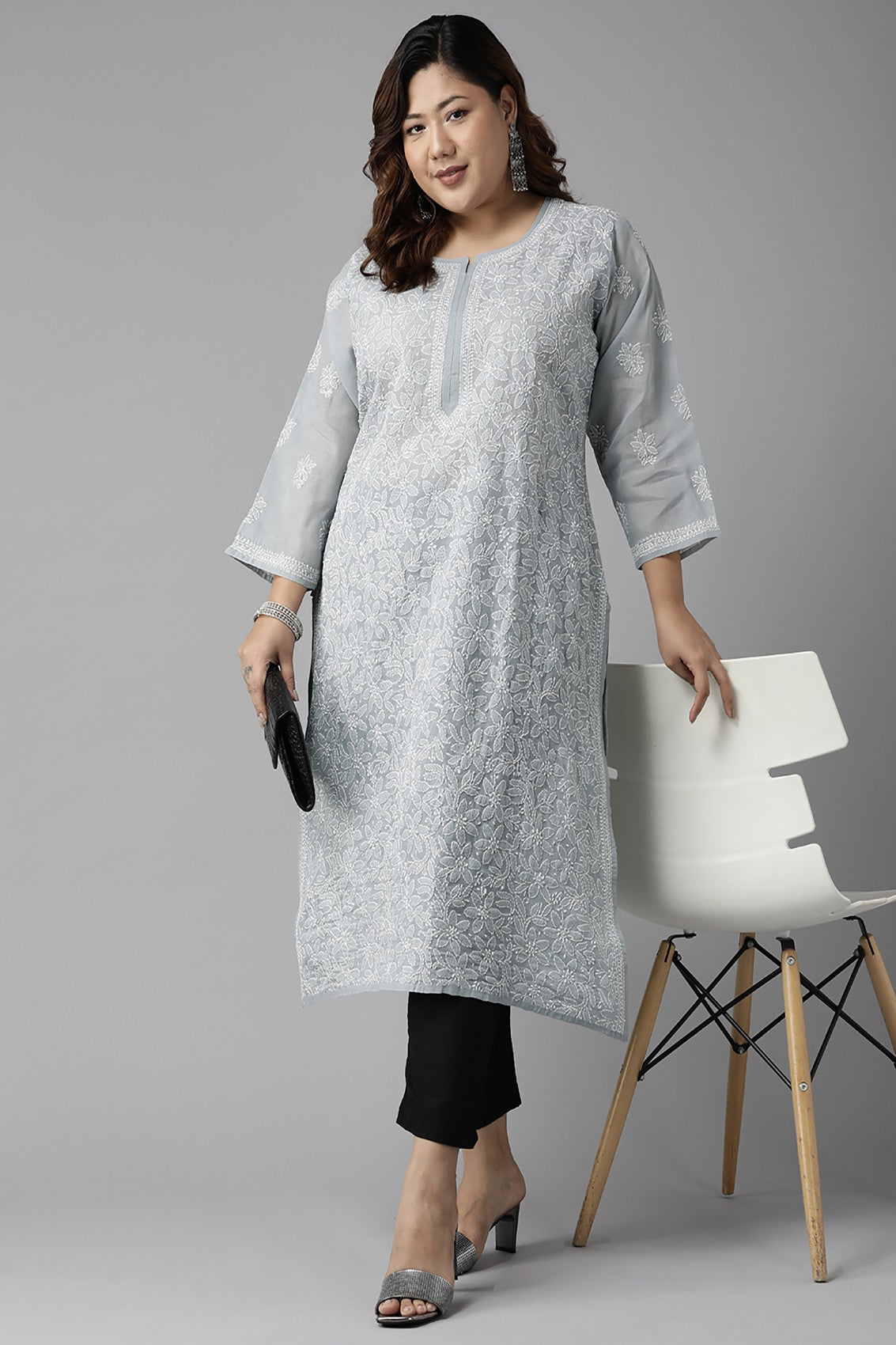 Ada Hand Embroidered Grey Cotton Lucknowi Chikankari Straight Kurta A411386