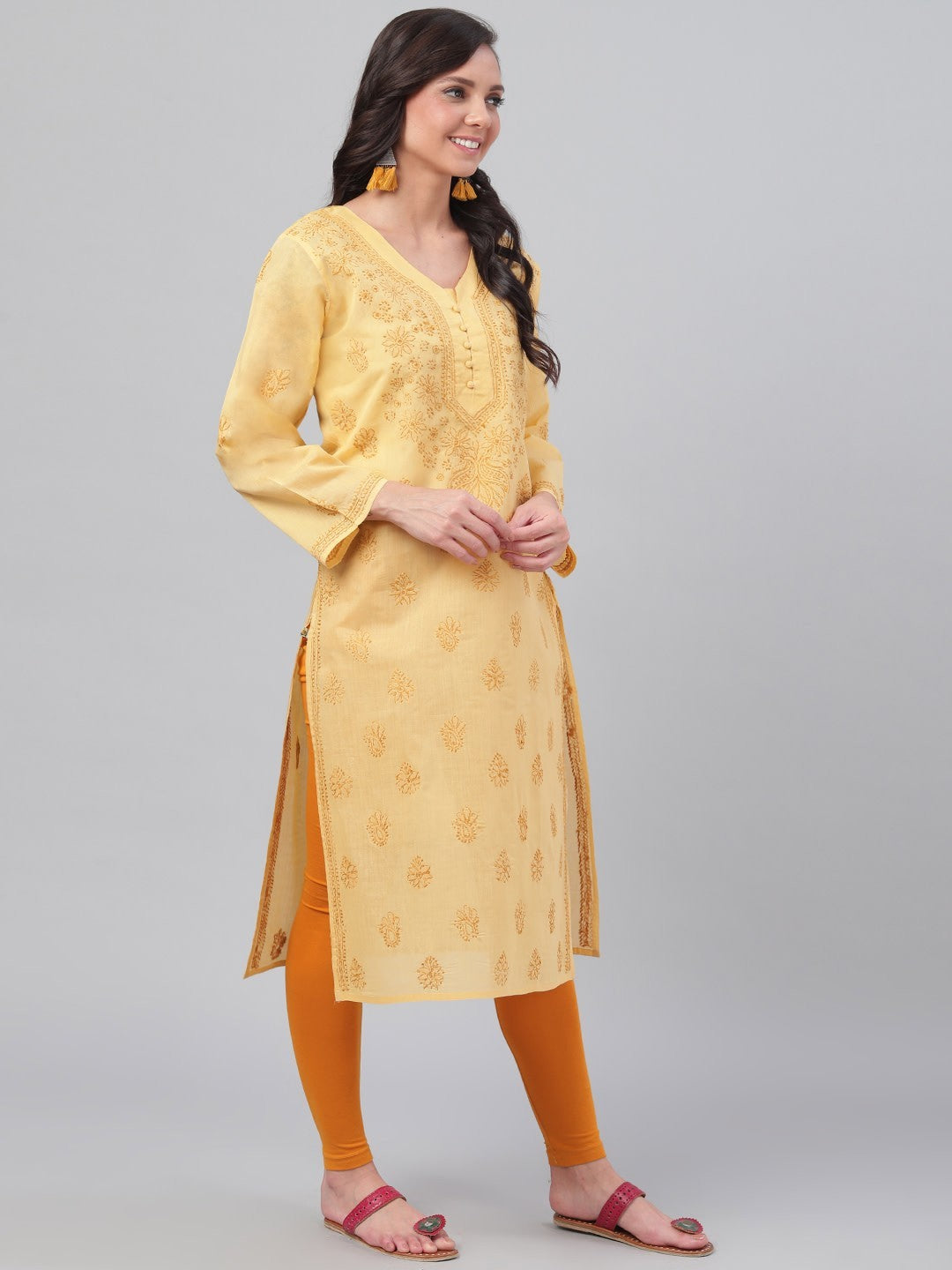 Ada Hand Embroidered Fawn Cotton Lucknowi Chikankari Straight Kurta A231417