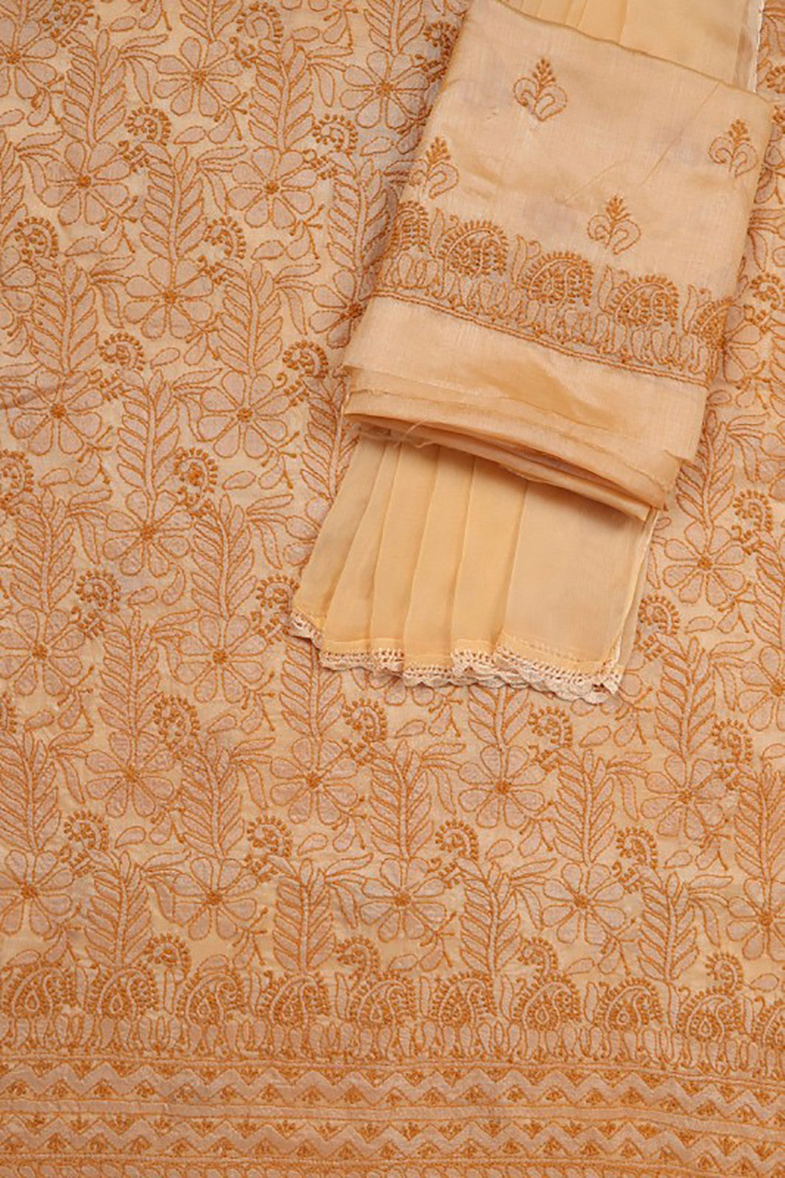 Ada Hand Embroidered Natural Fawn Silk Lucknowi Chikankari Unstitched Suit Piece A609717