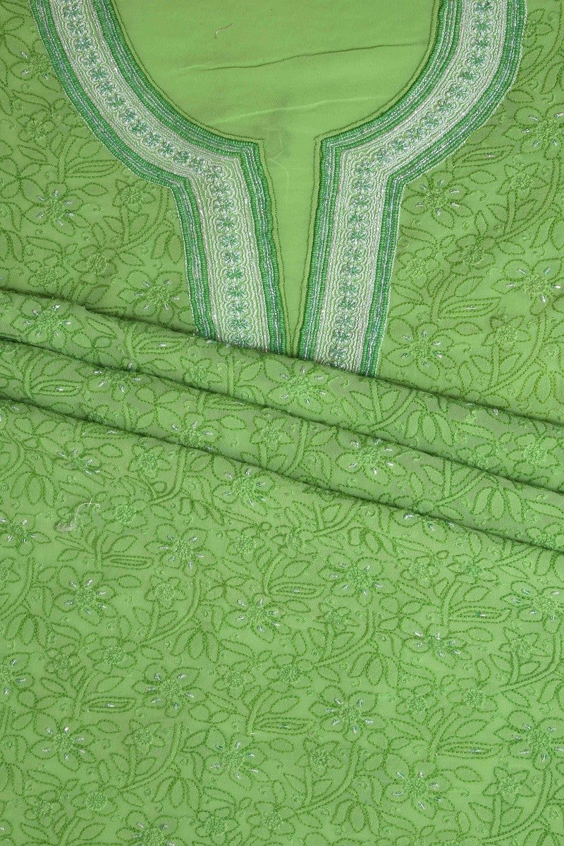 Ada Hand Embroidered Green Pure Georgette Lucknowi Chikan Unstitched Kurta Dupatta Set With Pearl Work-A279695