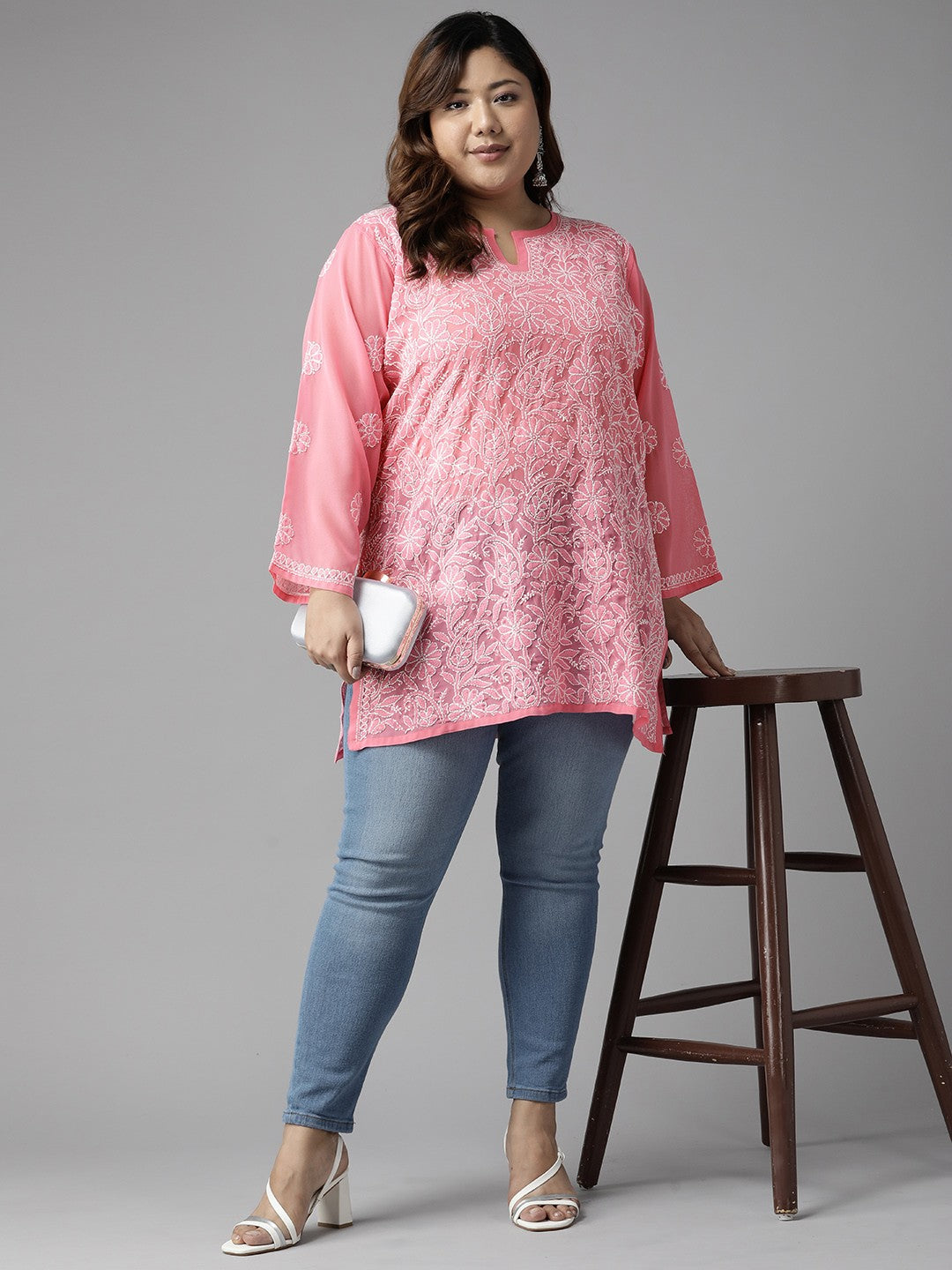 Ada Hand Embroidered Rose Pink Georgette Lucknowi Chikankari Straight Kurti A911225