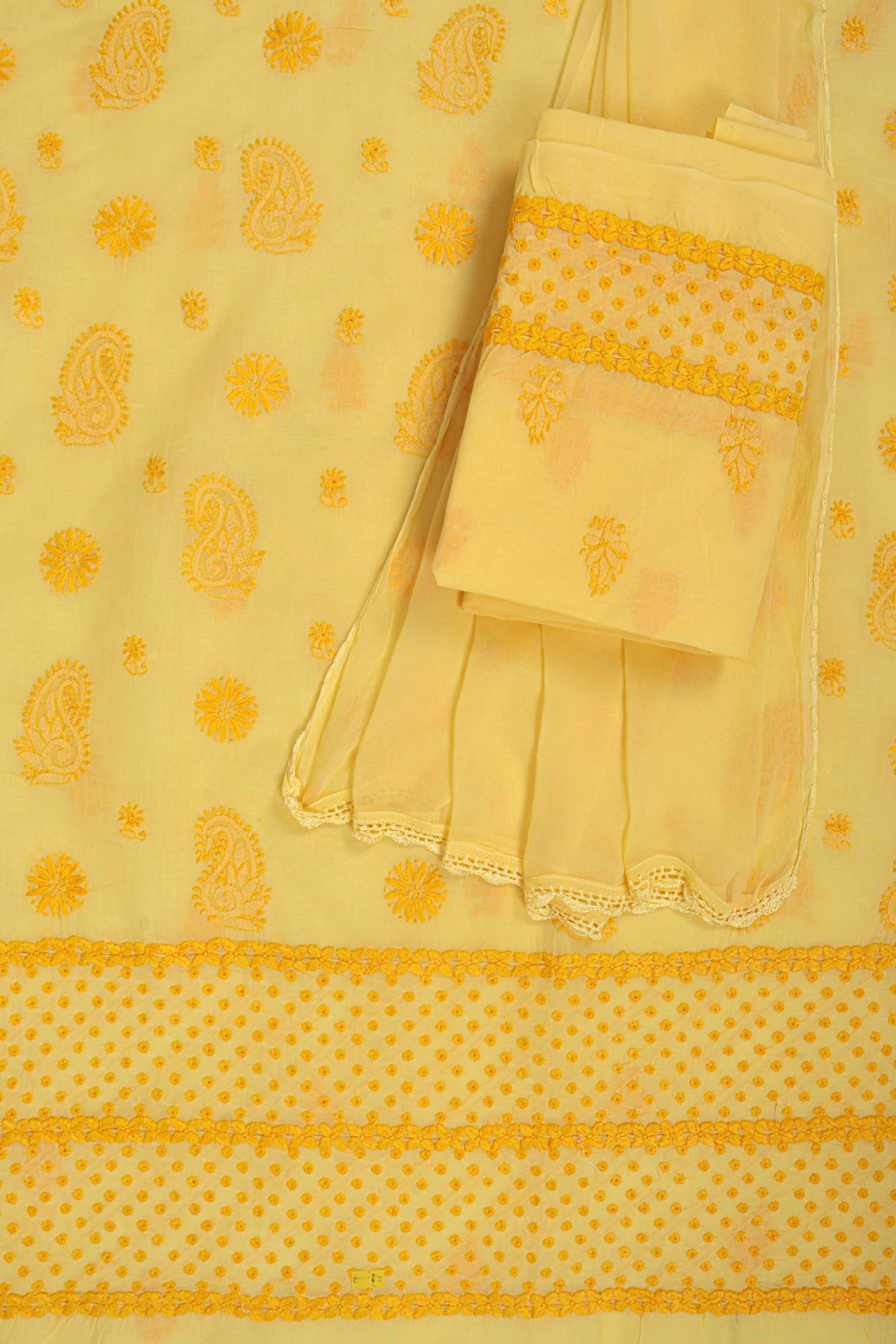 Ada Hand Embroidered Yellow Cotton Lucknowi Chikankari Unstitched Suit Piece 01A179333