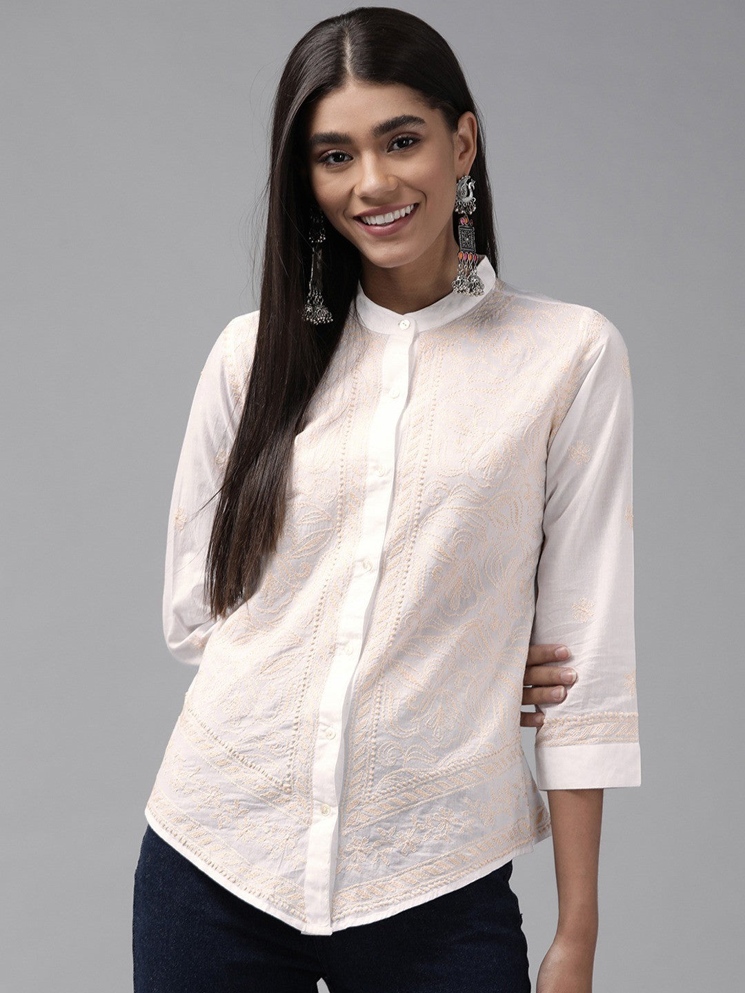 Ada Hand Embroidered White Cotton Lucknowi Chikankari Shirt A911250