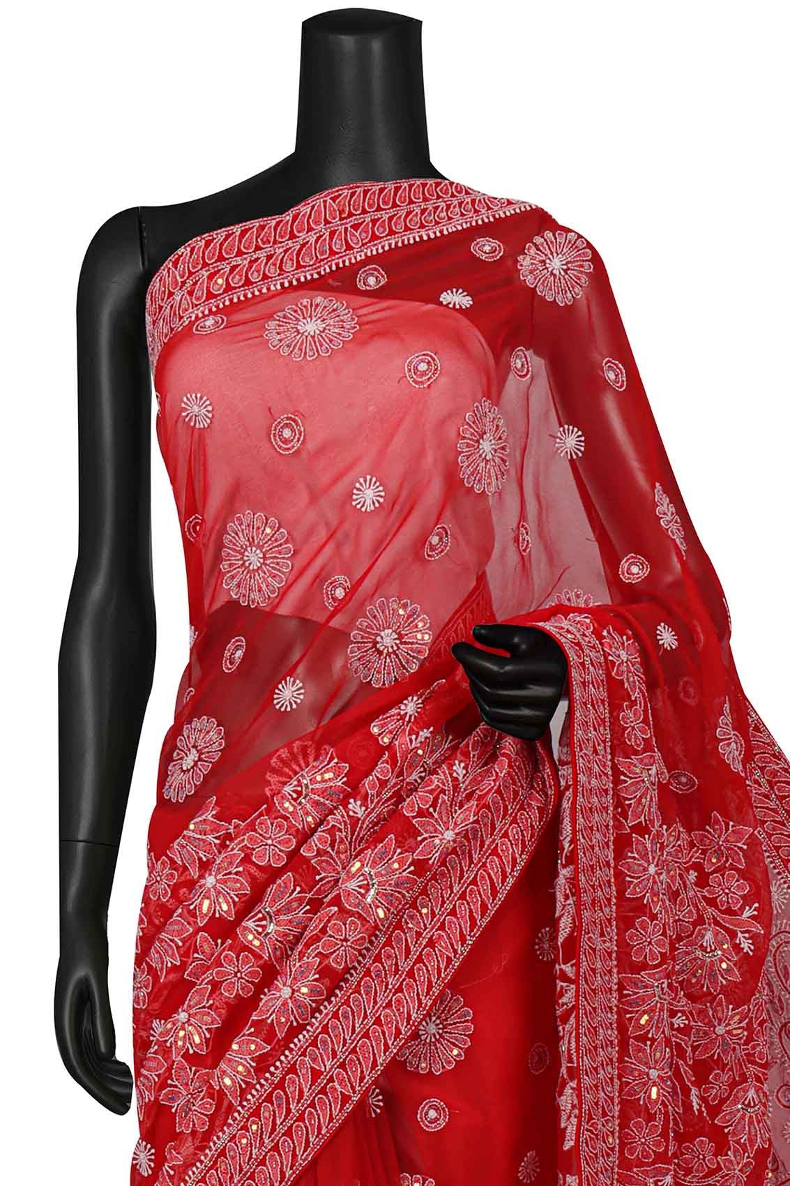 Ada Hand Embroidered Red Georgette Lucknowi Chikankari Saree/Blouse With Sequinned Work 01A137051