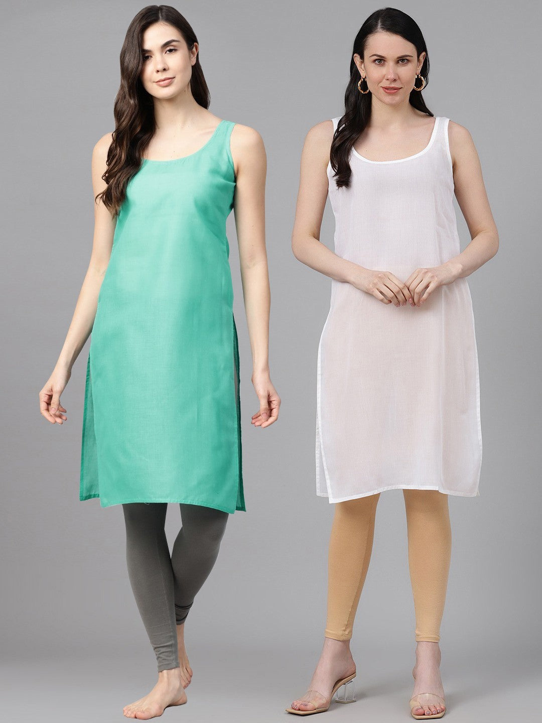 Ada White And Turquoise Blue Cotton Long Slips Combo of 2  A111139.