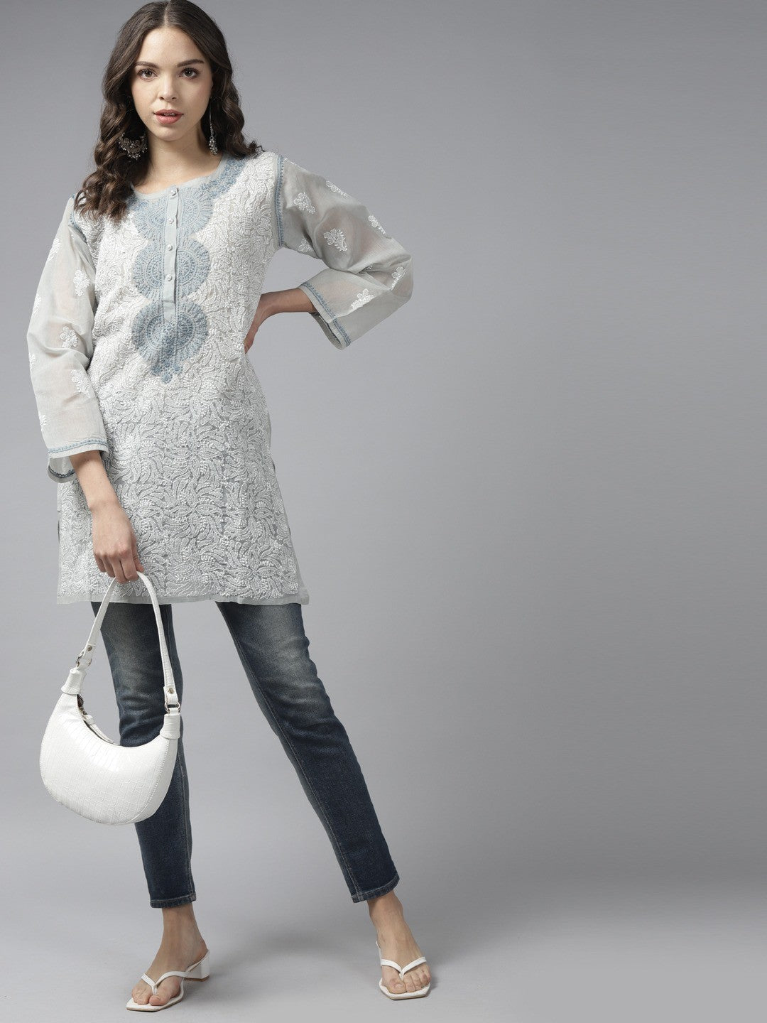 Ada Hand Embroidered Grey Cotton Lucknowi Chikankari Short Kurti -A273681