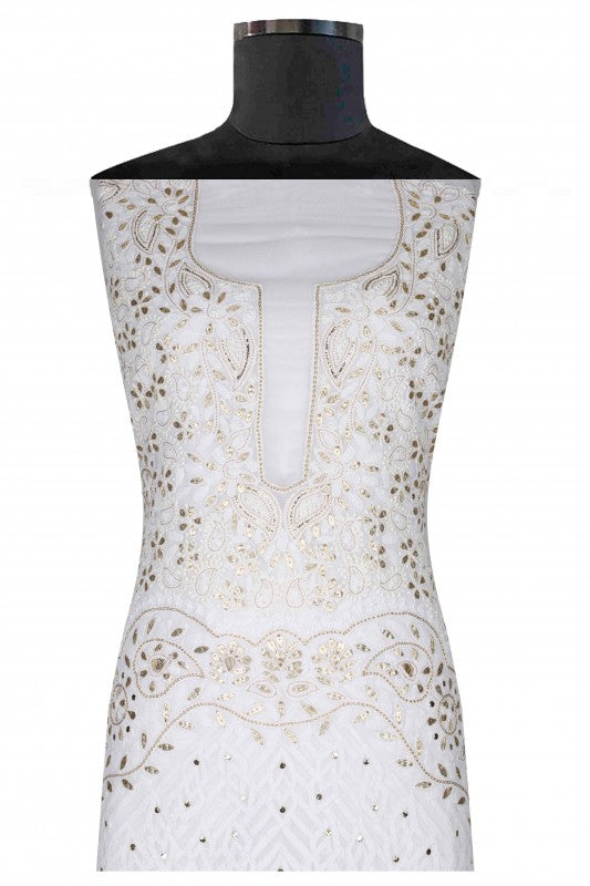 Ada Hand Embroidered White Georgette Lucknowi Chikan Unstitched Kurta Dupatta Set with Gotapatti & Zari Work A336652