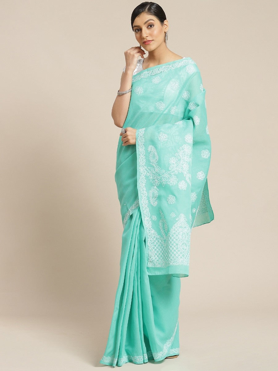 Ada Hand Embroidered Sea Green Cotton Lucknow Chikan Saree With Blouse- A311160