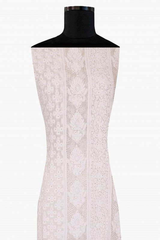 Ada Hand Embroidered White Pure Georgette Lucknowi Chikan Unstitched Kurta Piece With Muqaish Work A526844