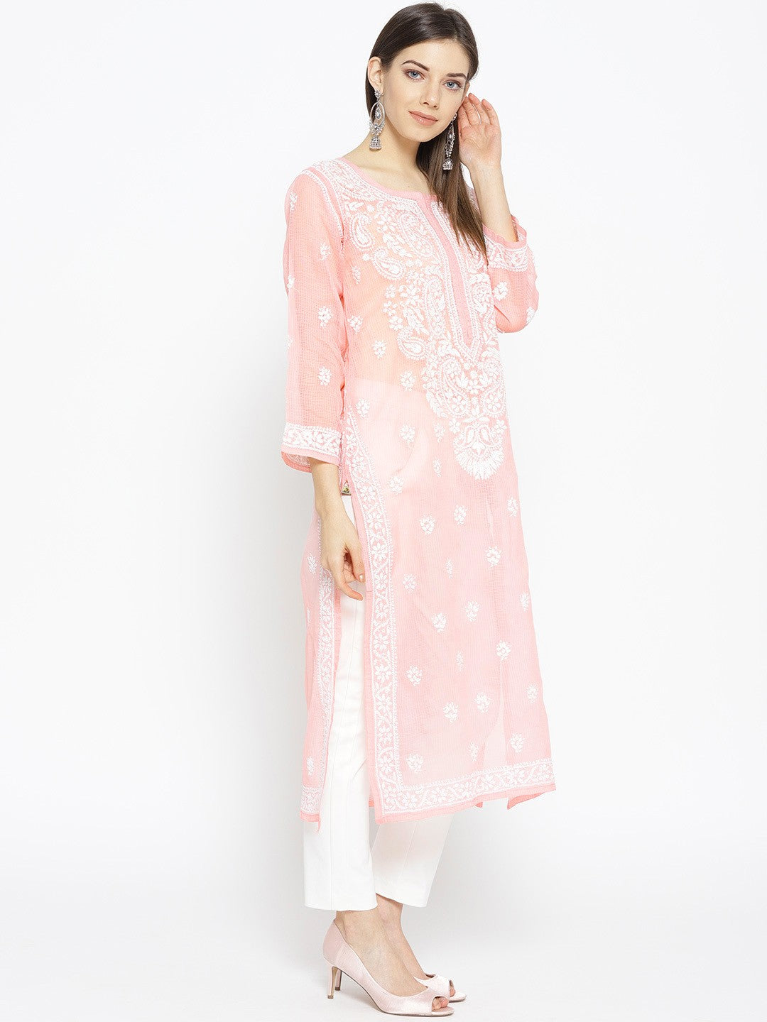 Ada Hand Embroidered Peach Kota Lucknowi Chikankari Straight Kurta With Slip A100119