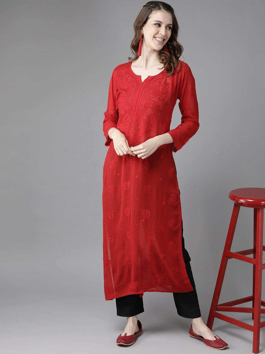 Ada Hand Embroidered Red Georgette Lucknowi Chikan Straight Kurta A411184