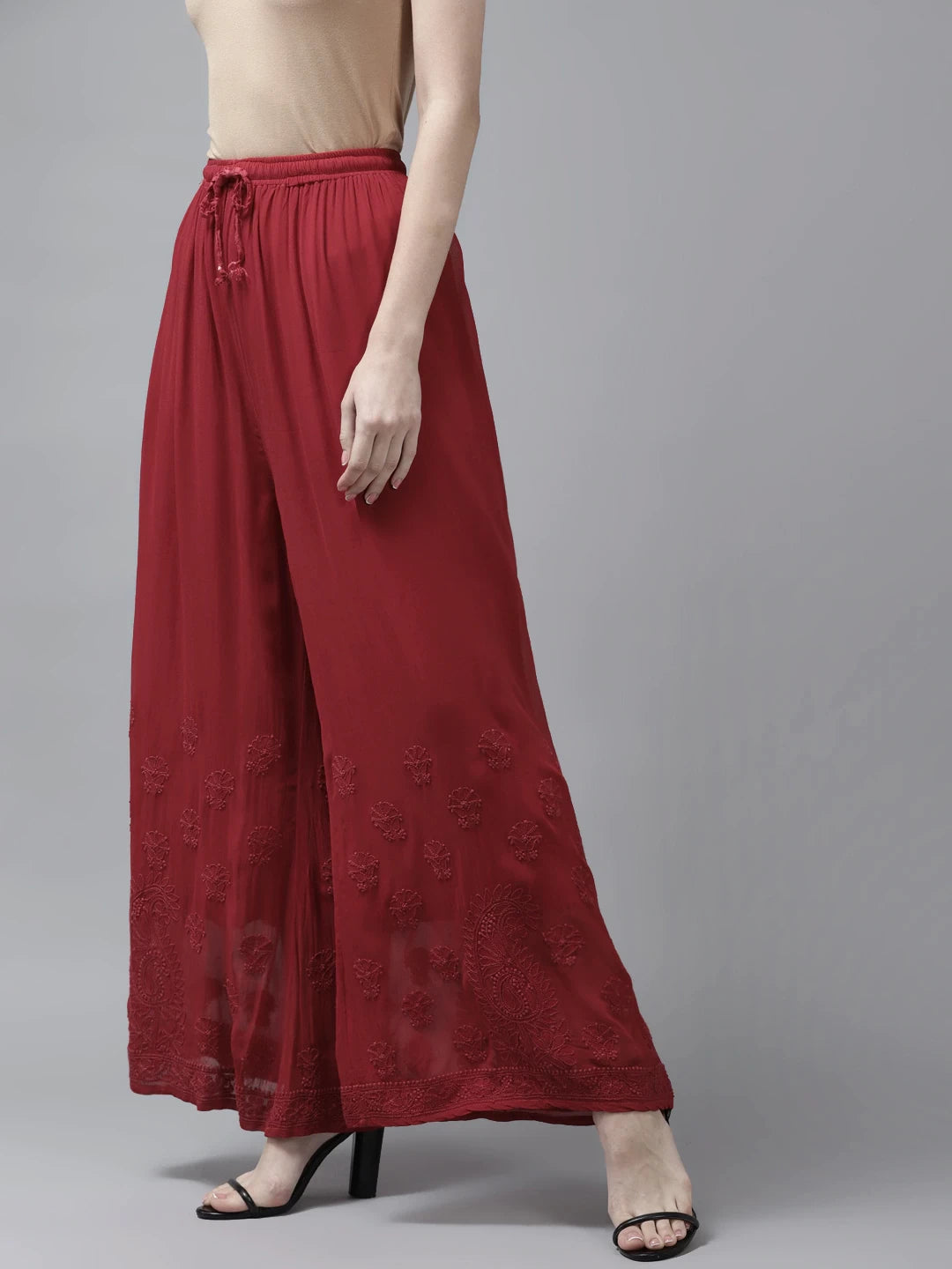 Ada Hand Embroidered Red Viscose Georgette Lucknowi Chikankari Palazzo A711157