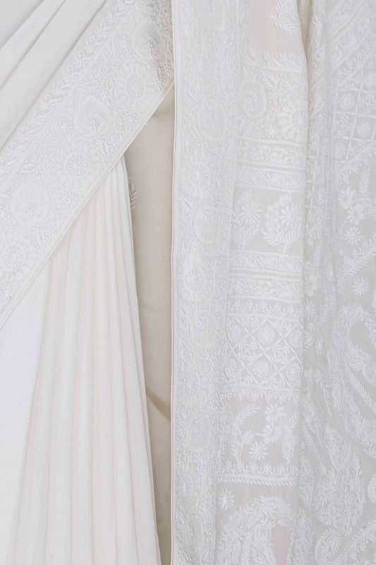 Ada Hand Embroidered White Pure Georgette Lucknow Chikan Saree with Blouse A342799