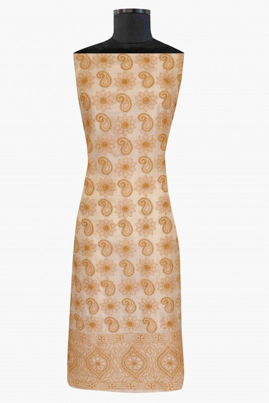 Ada Hand Embroidered Egg Nog Natural Cream Tusser Silk Lucknowi Chikan Unstitched Suit Piece-A446747