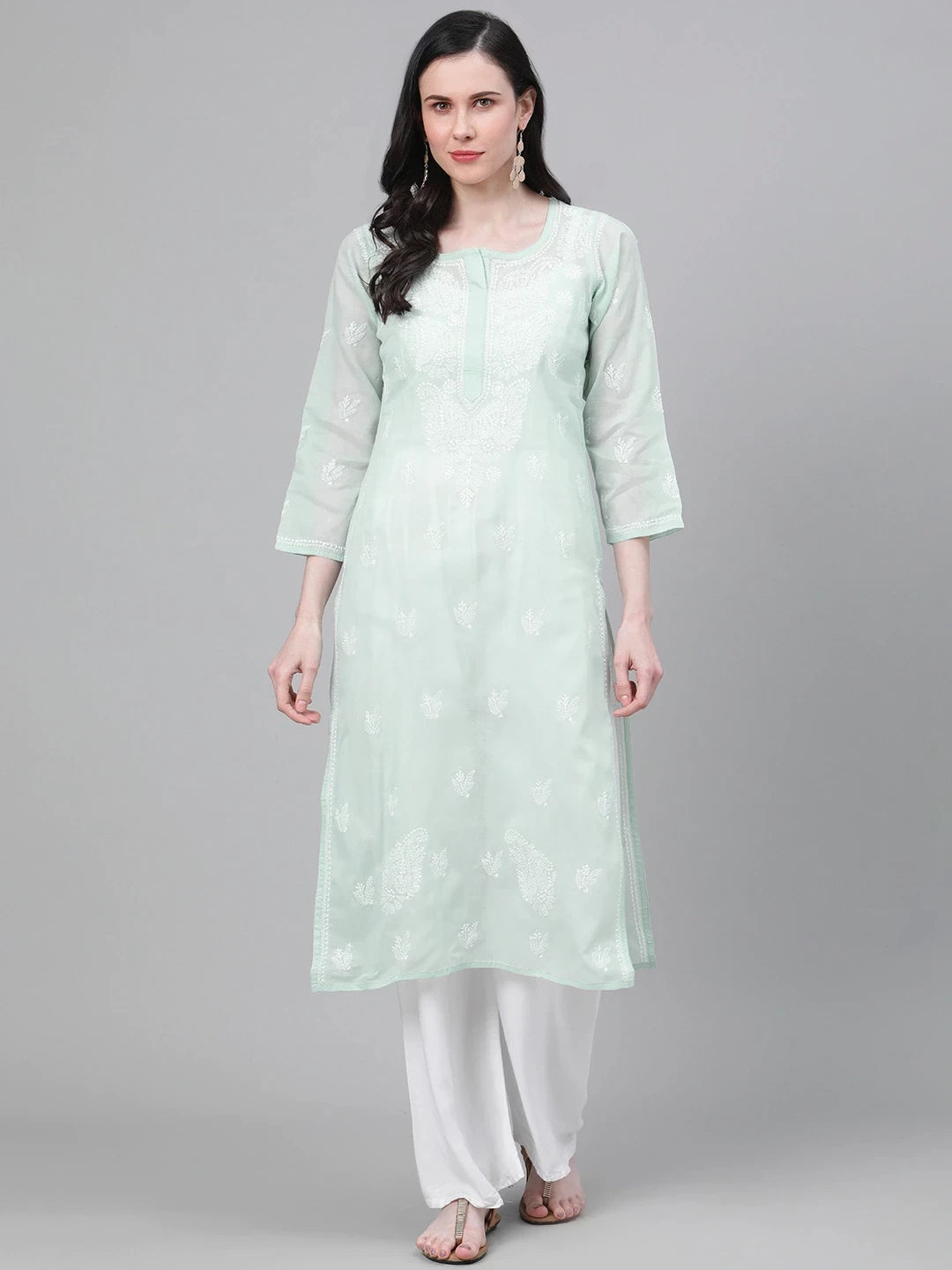 Ada Hand Embroidered Light Pistachio Green Cotton Lucknowi Chikankari Straight Kurta A411138