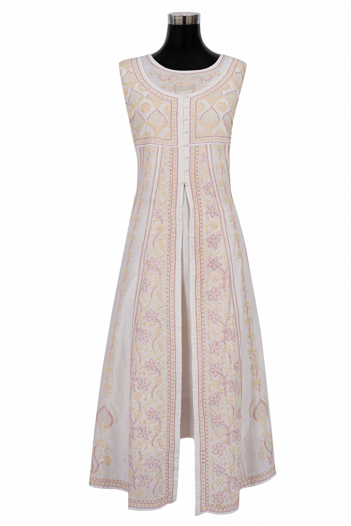 Ada Hand Embroidered Cream Chanderi Lucknowi Chikankari Semi-Stitched Anarkali Kurta Dupatta Set 01A223202