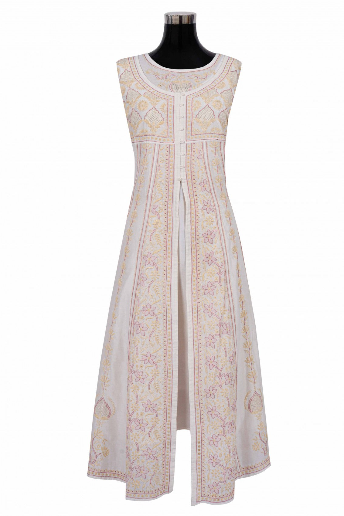 Ada Hand Embroidered Cream Chanderi Lucknowi Chikankari Semi-Stitched Anarkali Kurta Dupatta Set 01A223202