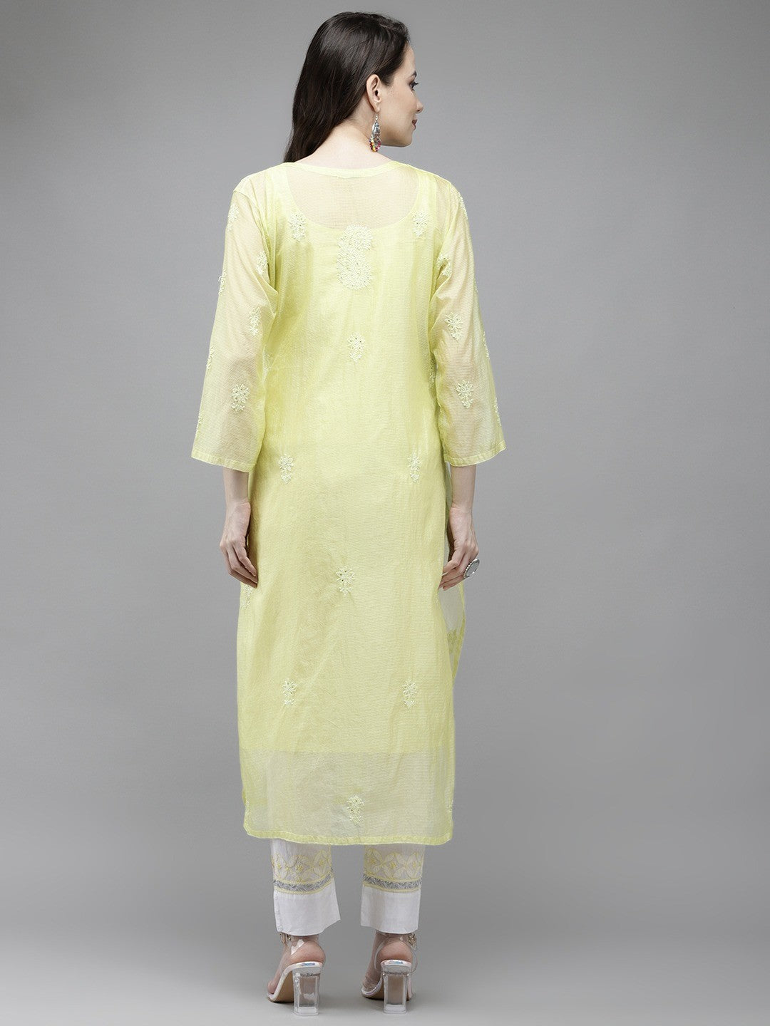 Ada Hand Embroidered Lemon Kota Lucknow Chikankari Straight Kurta/Slip With Muqaish Work A411293