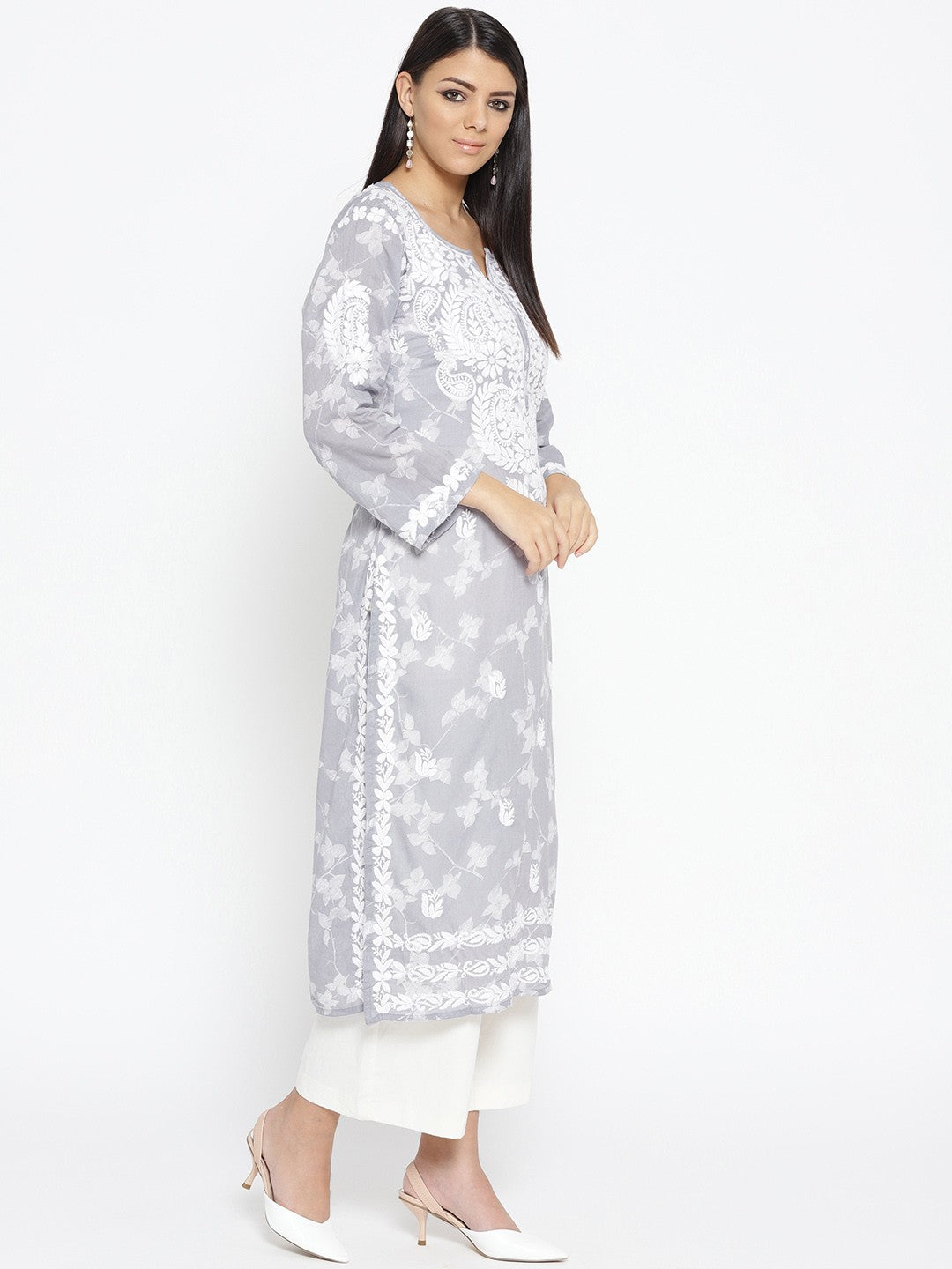 Ada Hand Embroidered Grey Cotton Lucknow Chikankari Straight Kurta– A100112