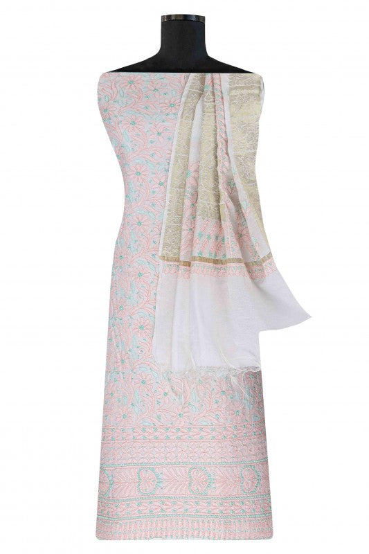 Ada Hand Embroidered White Chanderi Lucknowi Chikan Unstitched Kurta Dupatta– A586576