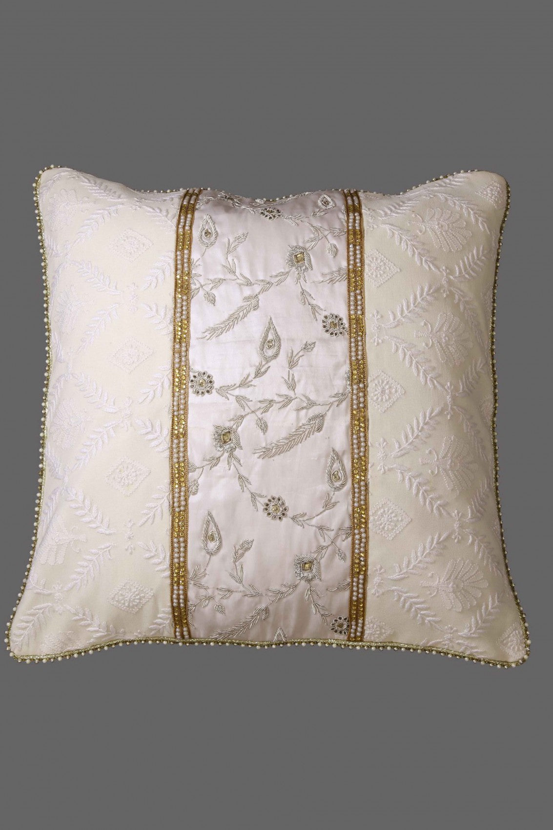Ada Hand Embroidered White Pure Georgette Lucknowi Chikankari Cushion Cover With Pearl Work 01A33720
