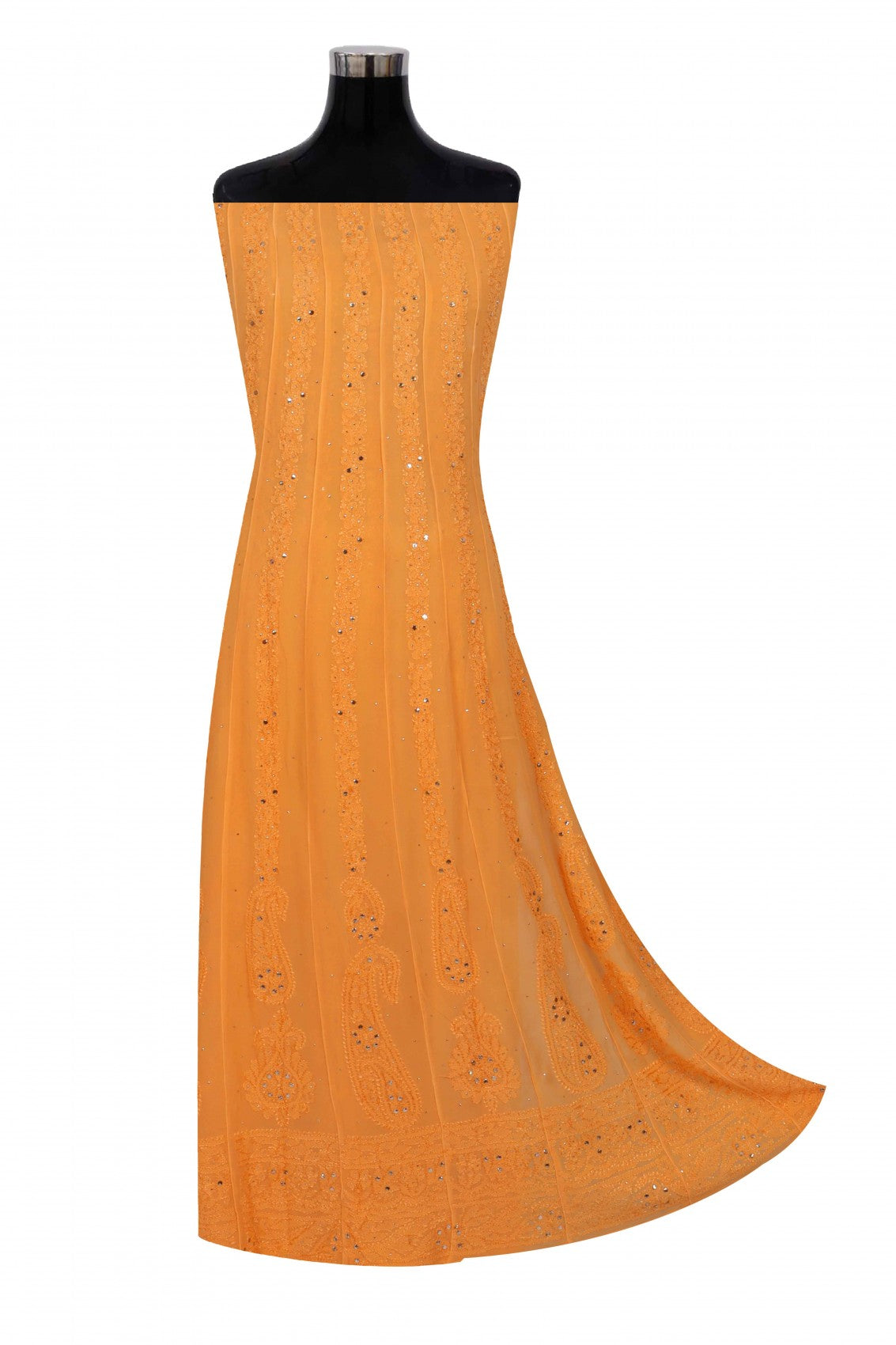 Ada Hand Embroidered Orange Georgette Lucknowi Chikankari Semi-Stitched Anarkali Kurta Dupatta Set With Muqaish Work 01A248219