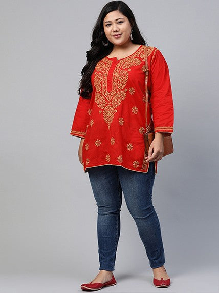 Ada Hand Embroidered Red Cotton Lucknowi Chikankari Straight Kurti A250381