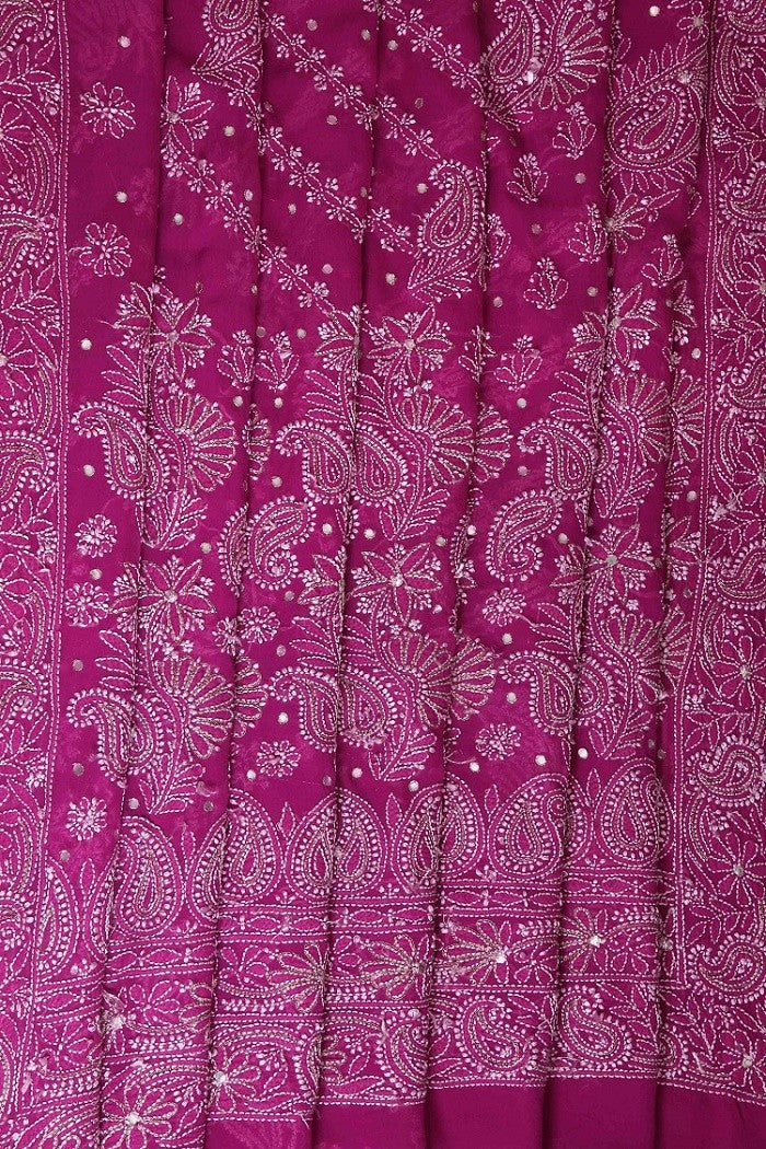 Ada Hand Embroidered Magenta Pure Georgette Lucknowi Chikankari Saree/Blouse With Mirror Work A547583