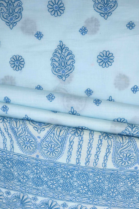 Ada Hand Embroidered Blue Cotton Lucknowi Chikan Unstitched Suit Piece A176919