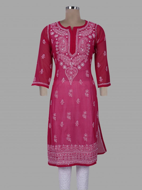 Ada Hand Embroidered Magenta Georgette Lucknow Chikan Kurta With Slip A411350