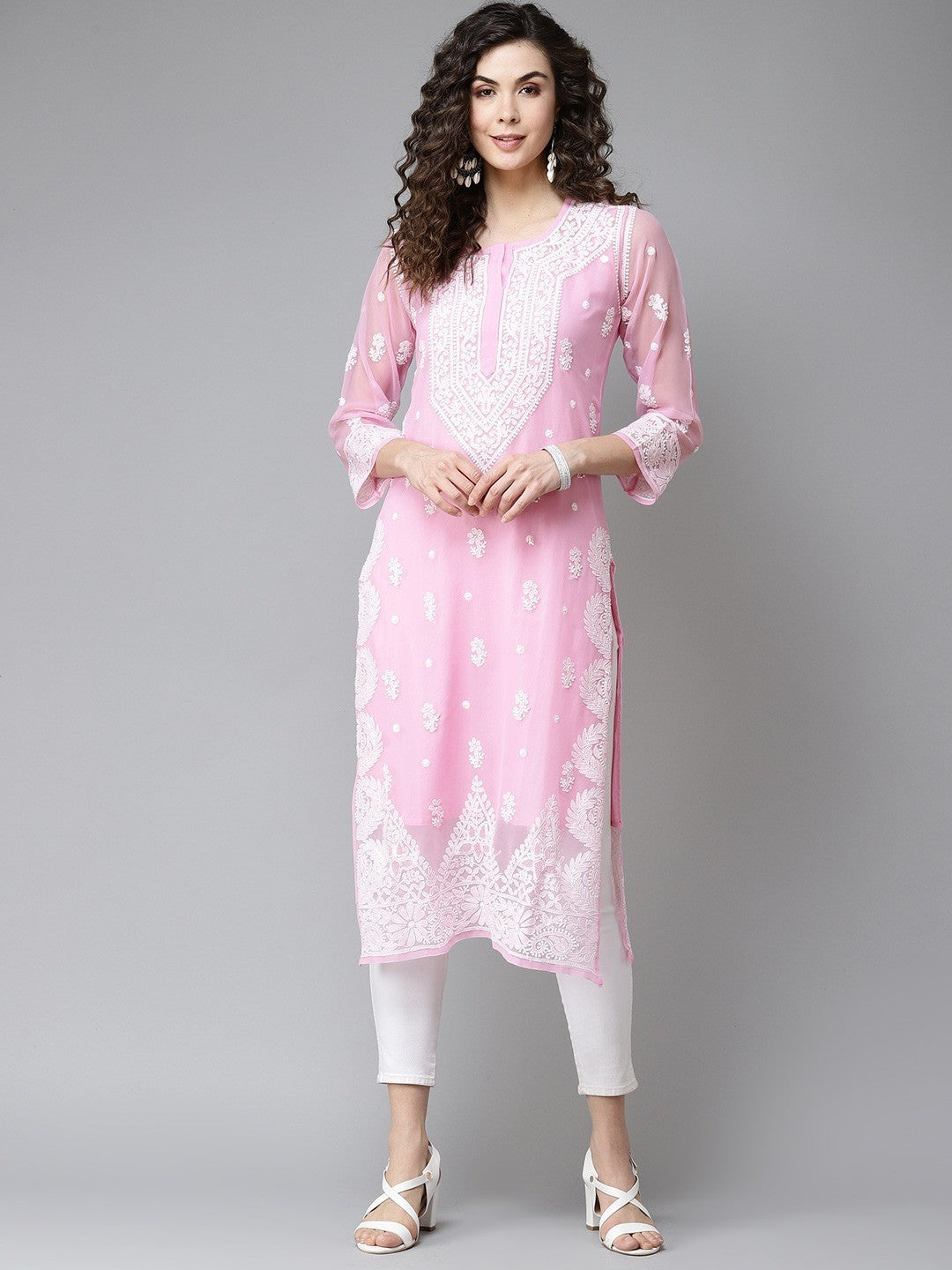Ada Hand Embroidered Onion Pink Georgette Lucknowi Chikankari Straight Kurta With Slip A411197